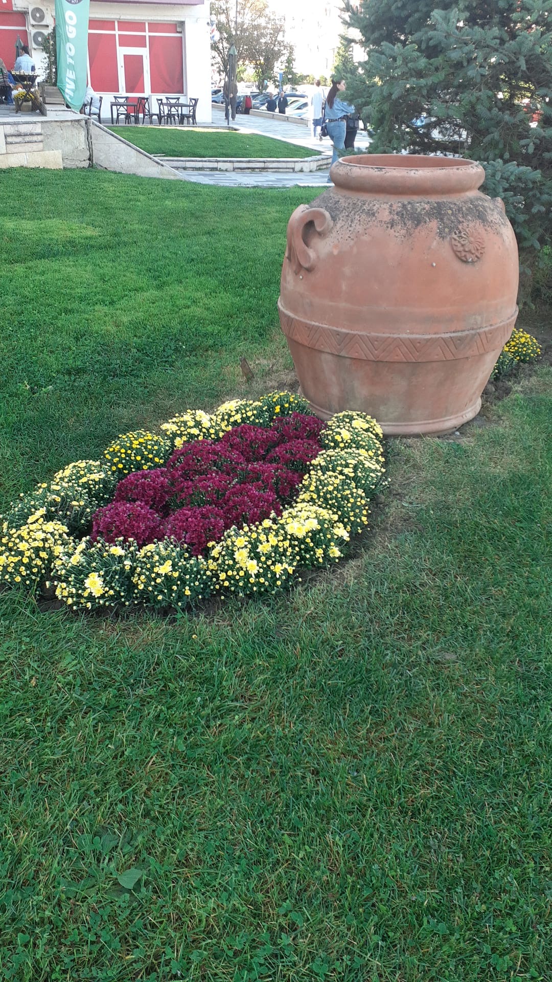 Vas ornamental înconjurat de flori și gazon
